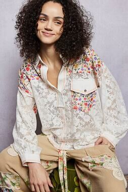 Pol Clothing Casual V-Neck Long Sleeve Floral Patch Lace Shirt Top